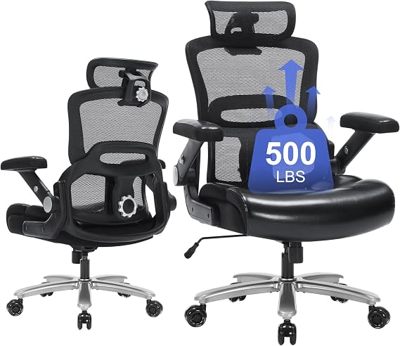 500lbs Heavy Duty Ergonomic Office Chair, Big and Tall Desk Chair with Adjustable Lumbar Support 3D Flip Armrests Headrest, Mesh High Back Wide Computer Executive Chair for Heavy People