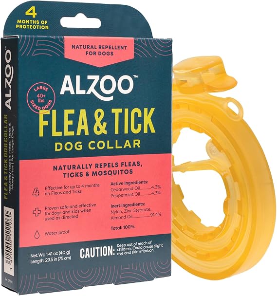 ALZOO Plant Based Flea & Tick Dog Collar - Helps Repel Fleas, Ticks & Mosquitoes - 100% Plant-Based Active Ingredients - Waterproof - Up to 4 Months Protection - Large-Sized Dogs: 40+ lbs - Single