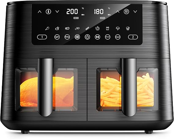9L Dual Air Fryer with Visual Window, XL Large Capacity, 2 Drawers, 9-In-1 Cooking Presets, Touch Screen, Smart Finish, Timer Function, Dishwasher-Safe, Healthy Oil Free & Low Fat Cooking