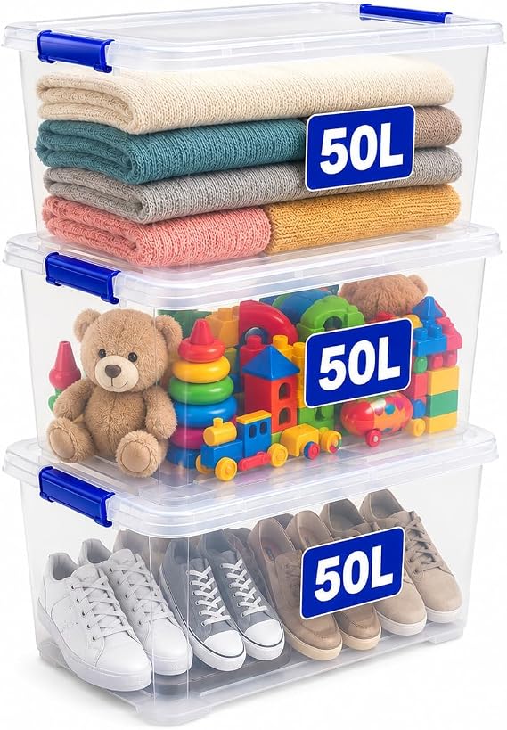 KAPCO Stackable Storage Bins with Lids – 3 x 50L Clear Plastic Organizer Boxes | Durable Modular Containers with Clip Lock Handles for Home, Garage, Loft, Kitchen, Closet, Office, Moving, Pantry Use