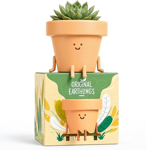 Original Earthlings Cute Plant Pot, 9 cm Plastic Funny Planter with Drainage, Unique Cactus Plant Lover Gift, Small Succulent Face Flower Pot, Fun