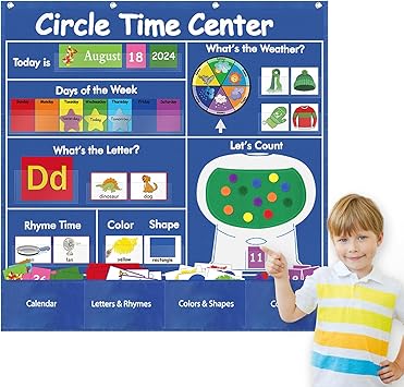 Boczif Circle Time Learning Center Pocket Chart for Classroom, Educational Teaching Materials Learning Calendar Weather Number Counting Letter Color Shape Wording Rhyme Pictures Blue