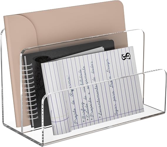 Sezanrpt Acrylic File Holder 2 Compartments Clear Desk File Organiser Office Magazine File Folder Organiser