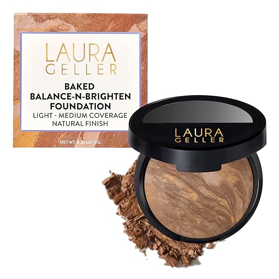 LAURA GELLER NEW YORK Award-Winning Baked Balance-n-Brighten Color Correcting Powder Foundation Handmade in Italy Buildable Coverage, Matte Finish For Mature & Sensitive Skin 07 Tan