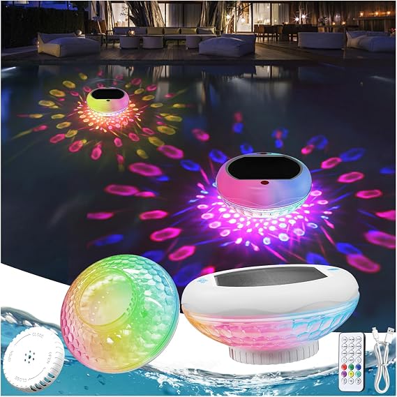 Solar Pool Chlorine Floater with 13 Color Lights(2 Pack), Floating Pool Lights with USB Charging, 6.7 Inch 2600mAh IP68 Waterproof Upper and Lower Glow Adjustable Release Chlorine Dispenser for Pools