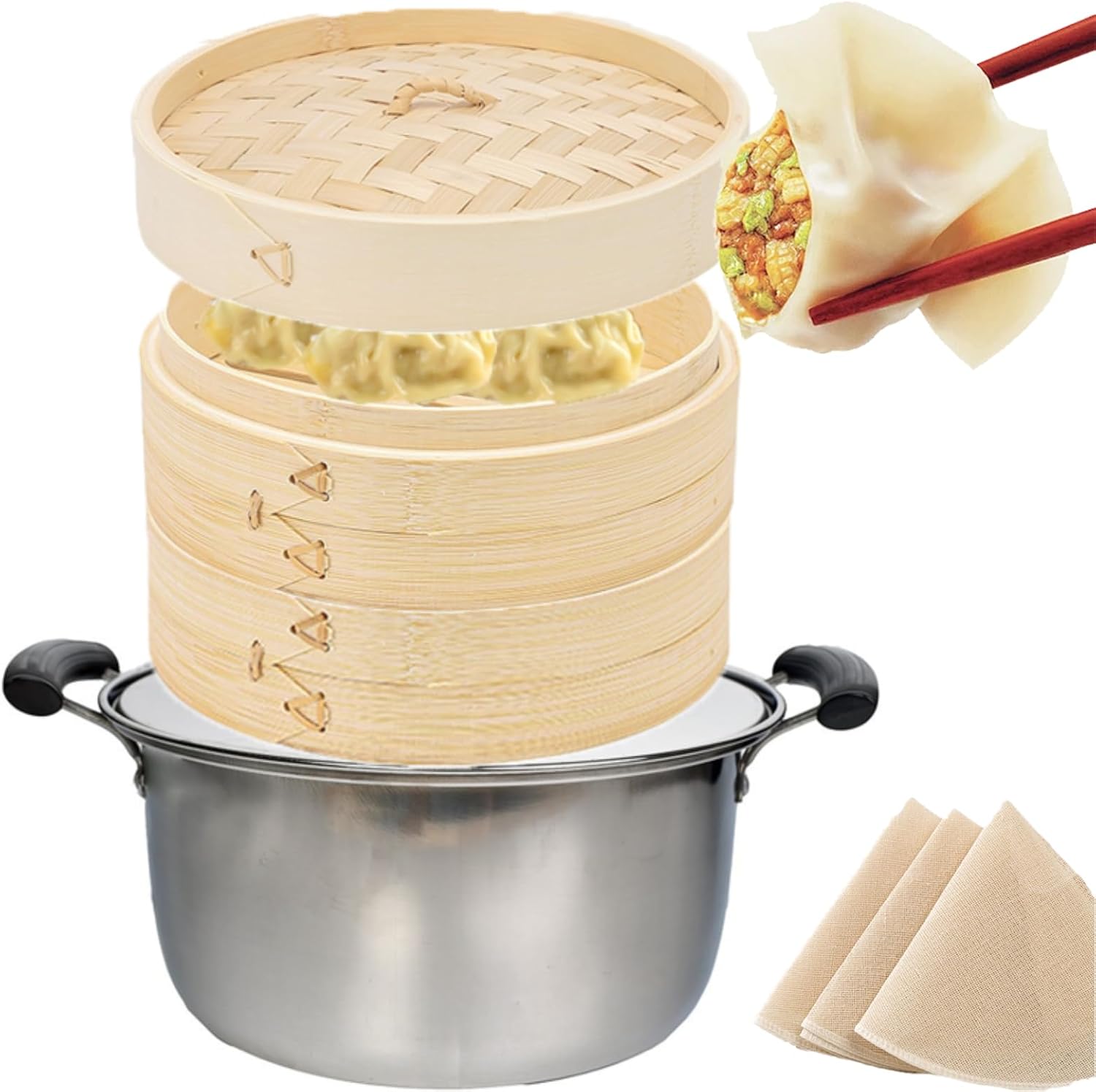 Bamboo Steamer Basket with Pot - 8.7 Inch 2-Layer Natural Dumpling Steamer for Cooking Dim Sum, Buns, Vegetables - Healthy Kitchen Tools with Stainless Steel Pot