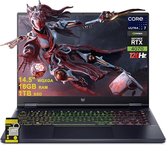 acer Predator Helios Neo 14 Gaming AI PC Laptop 14.5" WQXGA (2560x1600) 120Hz (100% sRGB, G-SYNC) Intel 16-core Ultra 7 155H 16GB RAM 1TB SSD GeForce RTX 4070 RGB Backlit Win11 ICP Hub