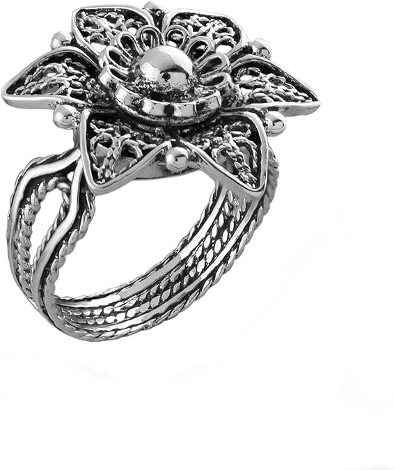 Filigranist Handcrafted Filigree Art Sterling Silver Daisy Flower - Sunflower Motif Woman Cocktail Ring, Gift Boxed