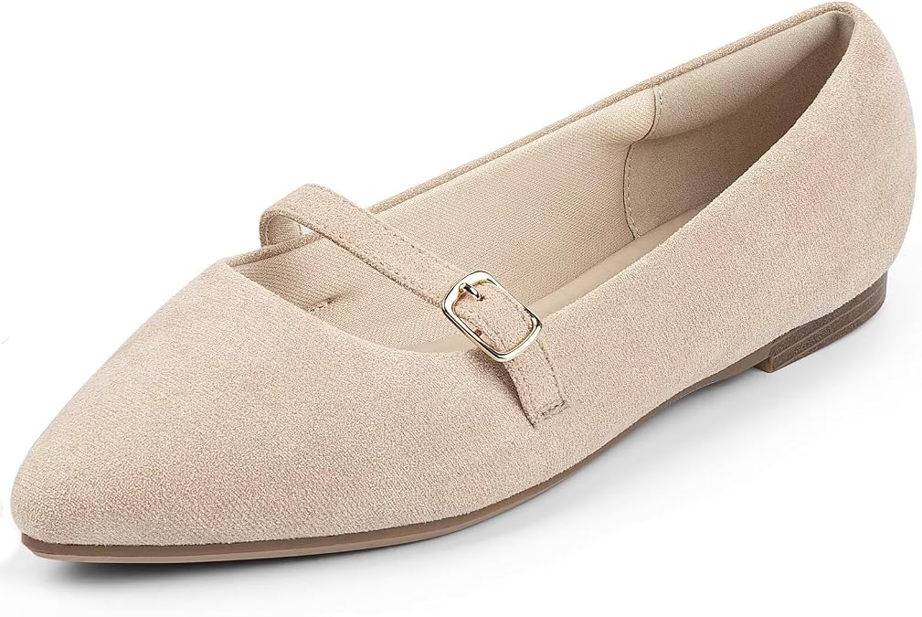 MUSSHOE Women Flats Comfortable Pointed Toe Flats Shoes with Strap PU Leather Slip on Shoes for Women