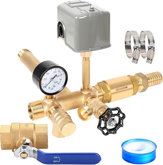 1"x 11"Well Pressure Tank Tee Kit with 40/60psi Pressure Switch,Brass Pressure Tank Installation Kit for Water Well, Fit Most pressure tanks with diameters up to 16 Inch