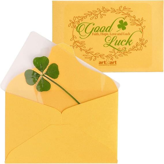 ARTMART Genuine Real 4 Four-Leaf Green Clover St. Saint Patric's Day Bookmarks Irish Shamrock Good Luck Charm for Smartphone Wallet Case Amulet Purse Coating Gift Thanks Card L