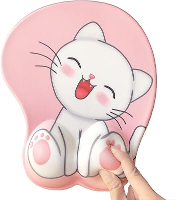 Cute pink mouse pad with ergonomic wrist rest support, non-slip gel anime Kawaii 3D mouse pads, wrist pads, pain relief, and easy typing, gaming, notebook computer home office work and studyCat-pink