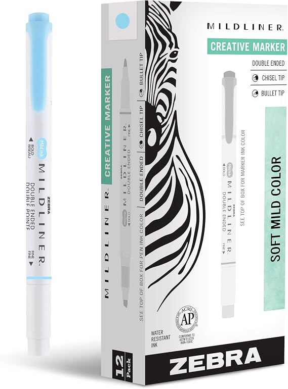 Zebra Pen MILDLINER No Bleed Highlighter, Blue Color, Dual Tip, 12-Pack