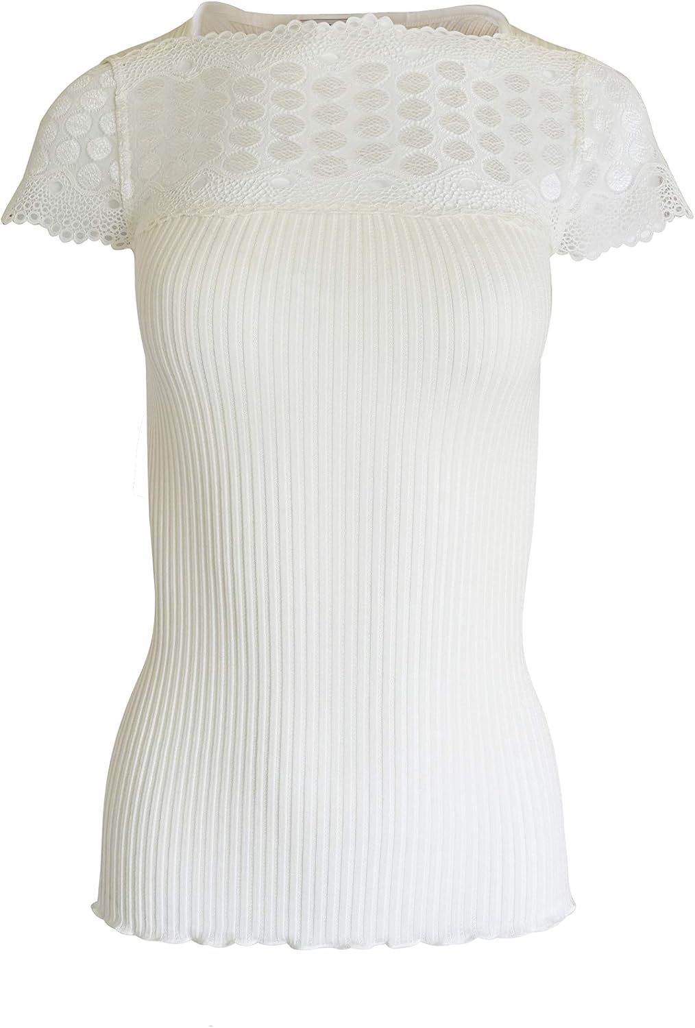 EGI ® Exclusive Collections Merino Wool Blend Top Lace Trim Short Sleeves. Proudly Made in Italy