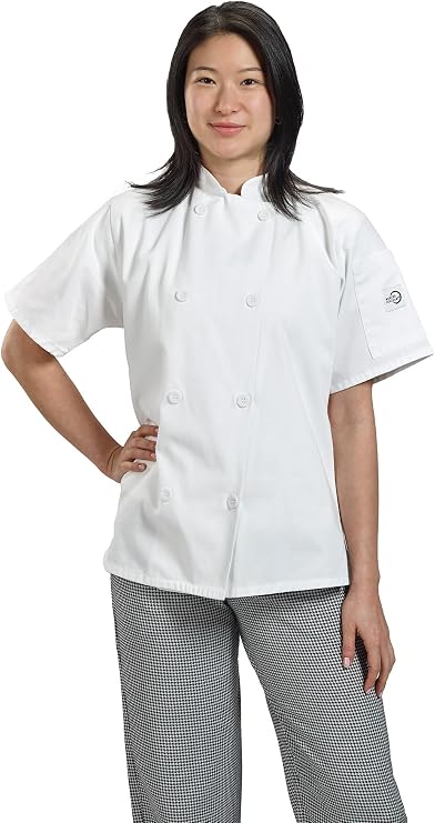 Mercer Culinary M60023WHM Millennia Women's Short Sleeve Cook Jacket with Traditional Buttons, Medium, White