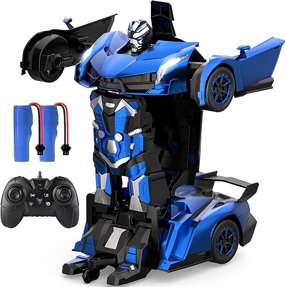 YONCHER Transform Remote Control Car, 1:12 Big Size Transform RC Cars Robot, 2-in-1 Robot Car Toy with Music and Light, Gesture Sensing, 360° Automatic Deformation for Boys and Girls, Blue