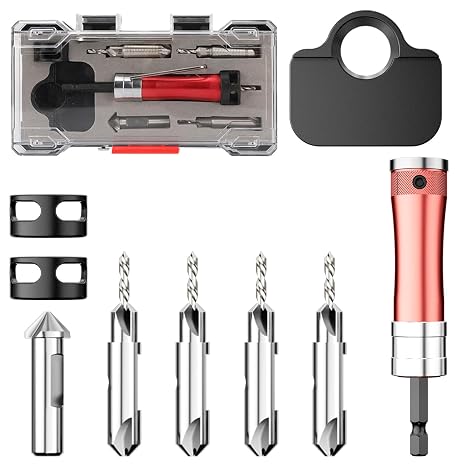 10in1 Multifunctional Count Countersink Drill Bit Set Red Aluminum Handle with 4 Drill Bits and Adjustable Depth Stop Wood Working Tool Kit for Precision Countersink Bit Work and Projects