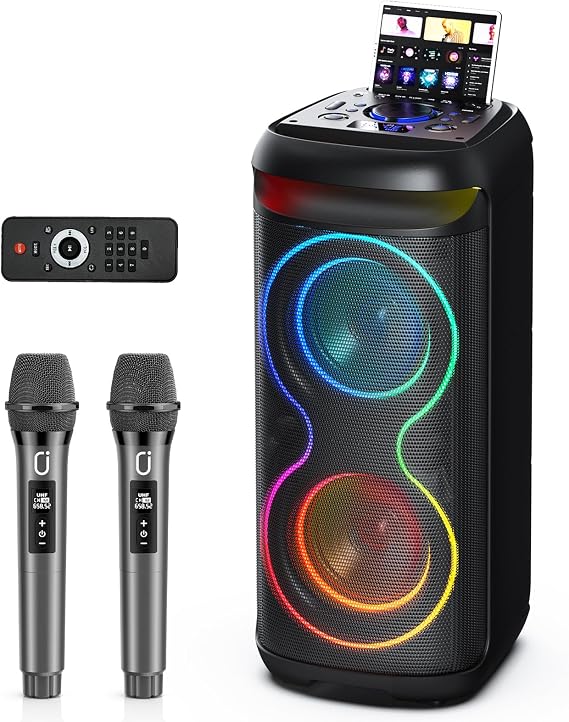 Karaoke Machine with 2 Wireless Microphones for Adults, Big Bluetooth Party Speaker with LED Disco Light, Support TWS/USB/AUX/TF Card Input, Perfect for Outdoor, Home, Stage Subwoofers