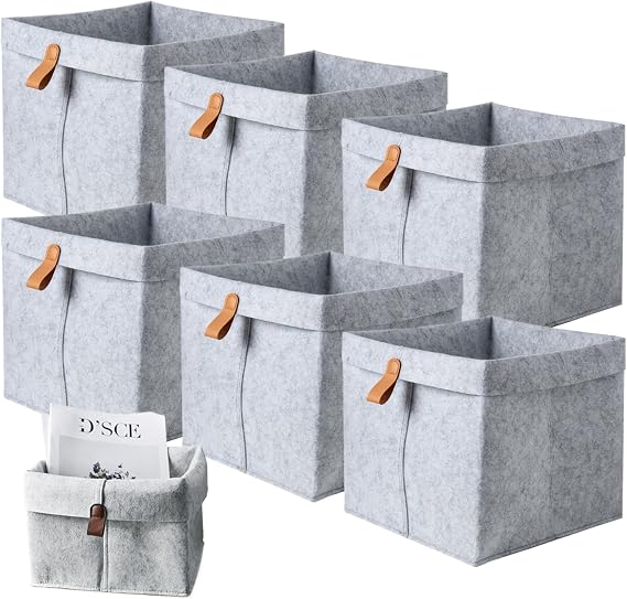 Yeory Felt Basket Felt Storage Bins, 6PCS 9x10inch Folded Square Storage Cubes, Cube Storage Bin with Hanger, Closet Storage Bins for Shelves, Clothing, Books, Shoes