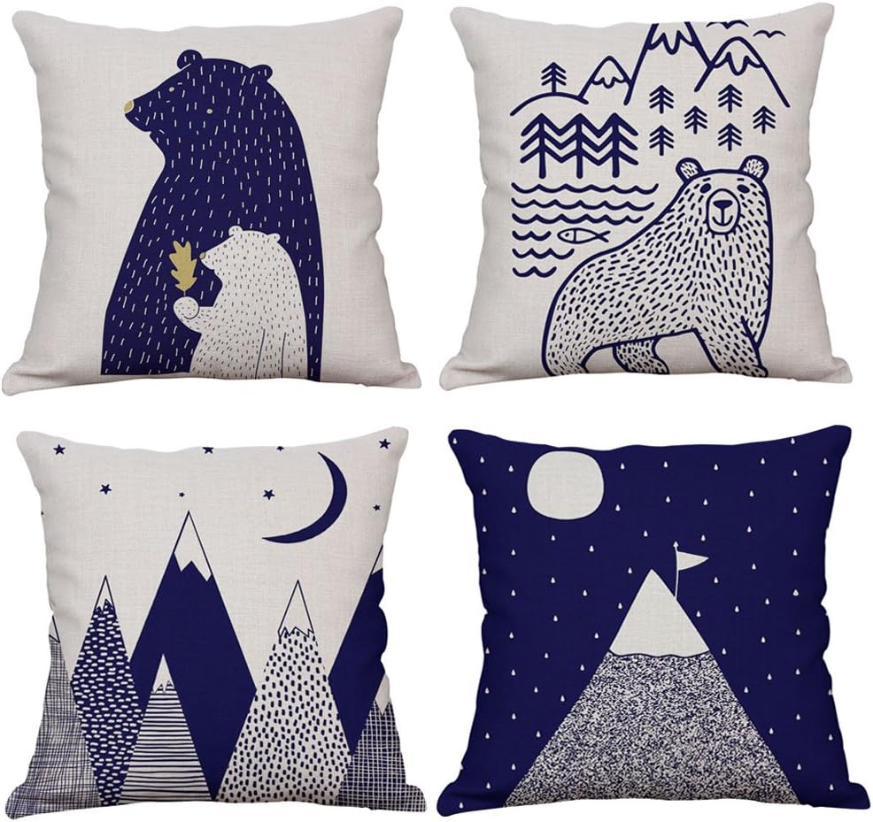 Woodland Style Cute Cartoon Bear & Mountain Throw Pillow Cover Rustic Nursery Home Decor Pillow Case Cushion Cover for Kids Room 18 x 18 Inches Mountain & Bear