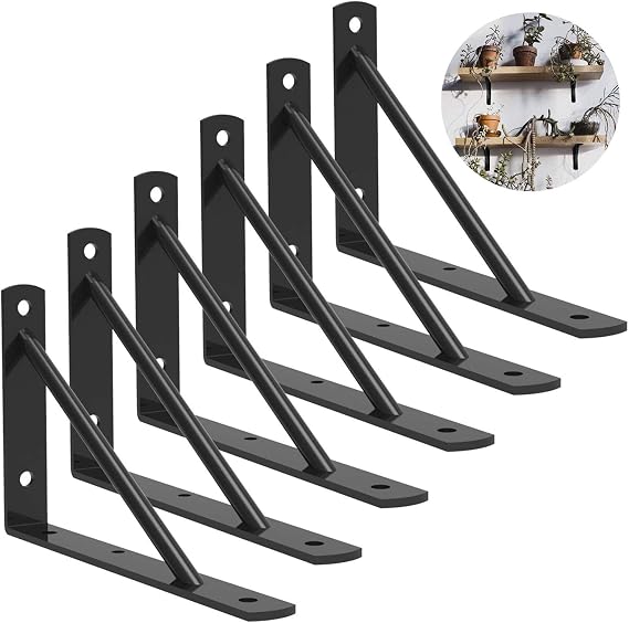 Shelf Brackets 10 Inch Heavy Duty Metal Shelf Holders, Industrial Rustic Farmhouse Iron Floating Shelf Bracket for Open Shelving, Right Angle L Brackets for Wall Mounted Shelves (6 Pack)