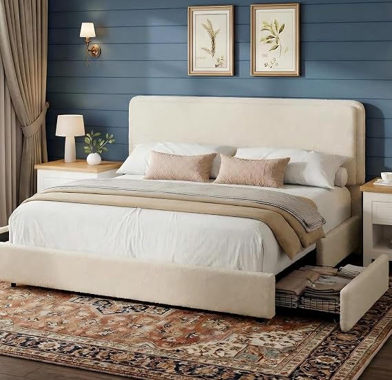 GarveeHome Bed Frame with 2 Storage Drawer, Cream Beige, King