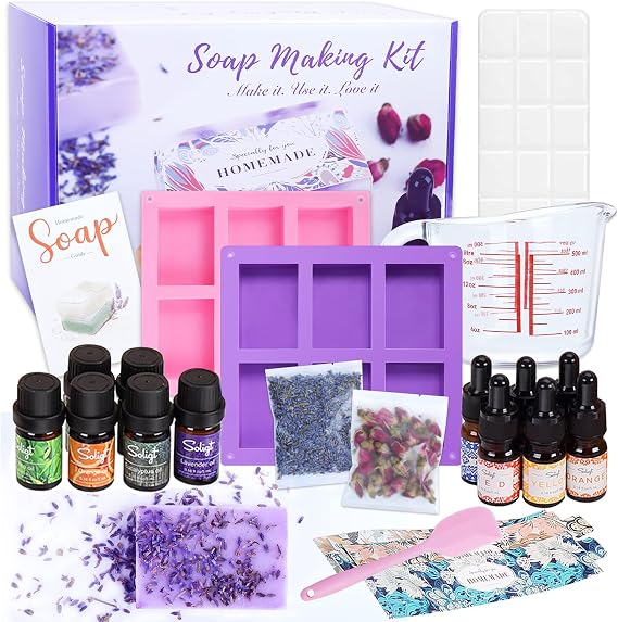SOLIGT DIY Soap Making Kit, Shea Butter Soap Making Kit for Adults, Includes Shea Butter Soap Base, Glass Measuring Cup, Silicone Soap Tray, Silicone Stirring Stick, Liquid Dye, Wraps Labels Tape