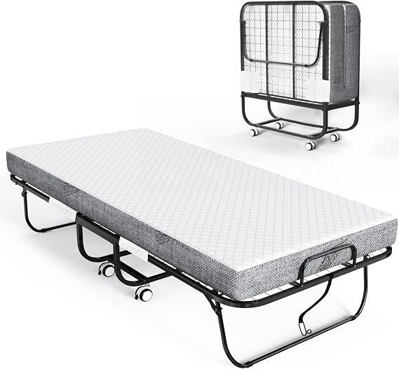 Twin Folding Bed with Mattress, 75"x 38" Portable Foldable Bed for Adults,Fold Up Rollaway Bed for Guest, 5" Memory Foam Mattress & Super Strong Frame