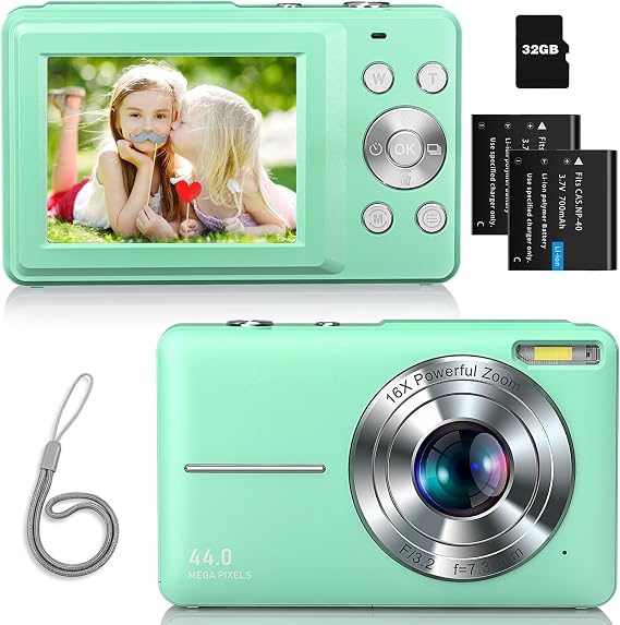 Zostuic Digital Camera, Digital Camera, Auto Focus, 1080P, 44 Million Pixels, 16x Digital Zoom, Shooting, Compact, Lightweight, Kids Camera, Toy Camera, Beginners, 1.1 oz 32 g Card Included, Green