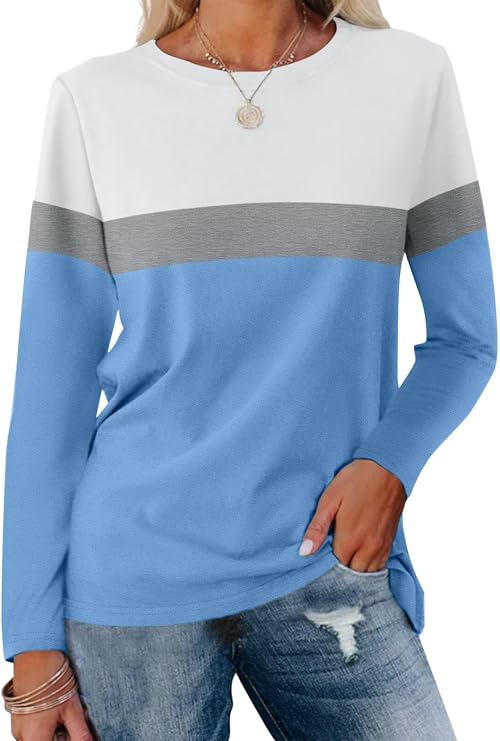 ORANDESIGNE Women's Color Block Long Sleeve Tunics Tops Casual Striped Crew Neck Shirts Loose Blouses