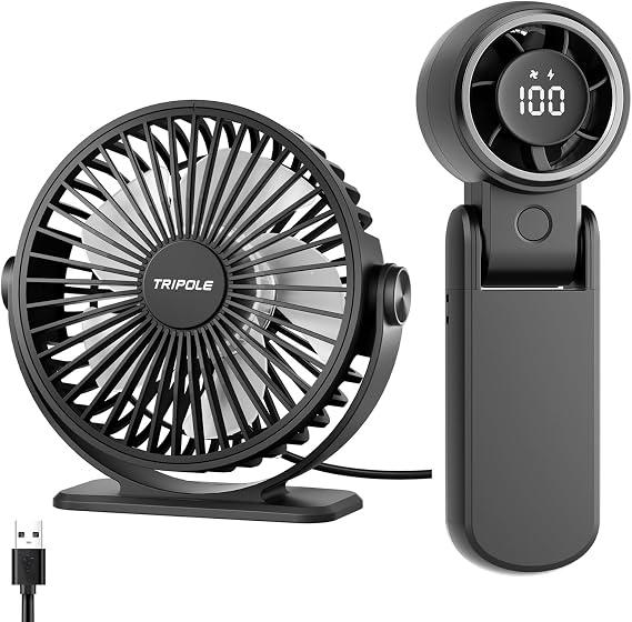 TriPole Portable Handhel Fan with LED Display and USB Powered Small Desk Fan Bundle, Speed Adjustable Personal Cooling Fans for Table Office Outdoor Travel