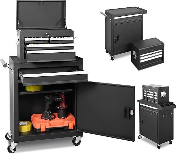 Tool Chest, 5 Drawers Rolling Tool Storage Cabinet with Lockable Wheels, 2-in-1 Detachable Top Tool Box, Thickening Metal Tool Cart for Garage Workshop