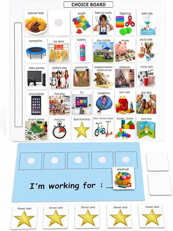 Visual Token Board System Positive Behavior Reward Chart with Choice Board, 30 Reinforcer Cards & 5 Star Tokens for Home, School, ABA & Therapy and on the Go