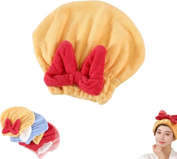New Super Absorbent Hair Towel Wrap for Wet Hair, Efficient Absorbent Hair Towel Wrap, Soft Absorbent Quick Drying Cap with Bow-Knot, Microfiber Hair Towel Wrap (Yellow)