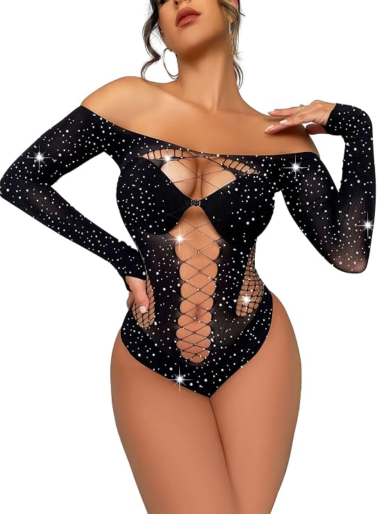 BaronHong Women's Sequin Bodysuit Sexy See Through Sheer Mesh Long Sleeve Rhinestone Bodysuits Clubwear Tops