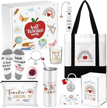FoldTier Best Teacher Ever Gift Set: Classic Teacher Appreciation Gifts for Women; Includes Tumbler, Tote, Cosmetic Bag, Bracelet, Keychain, Bookmark, Candle, Socks, Pen Holder, Thank You Card