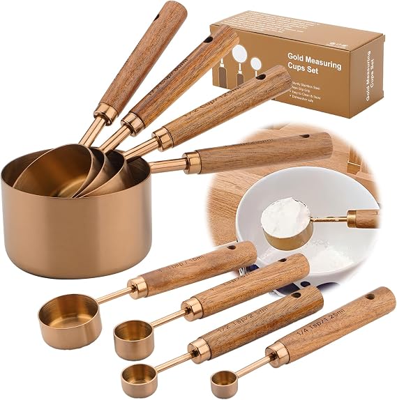 Premium Measuring Cups and Spoons Set with Wood Handle 8PCS | Stainless Steel Liquid and Dry Measuring Cup Set for Baking, Cooking, Coffee with Ergonomic Grip & Engraved Markings (Bronze)
