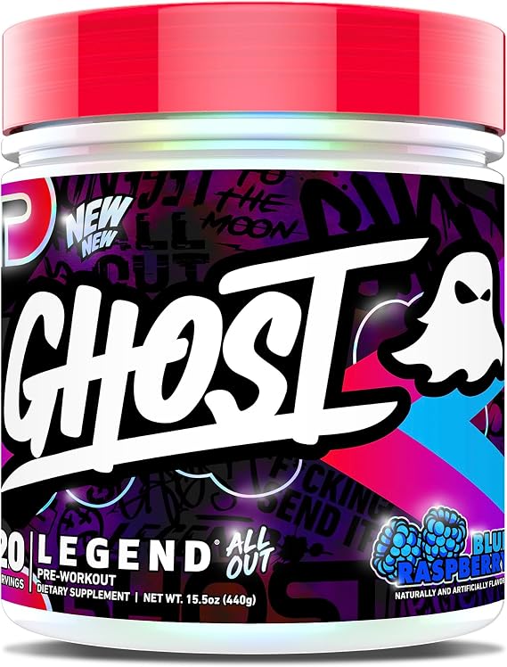 GHOST Legend All Out Pre-Workout Powder, Blue Raspberry, 20 Servings | Pre-Workout Supplement for Men, Women - Energy & Pumps - 400MG Caffeine, Citrulline, Beta Alanine, Betaine, NO3-T, Sugar-Free