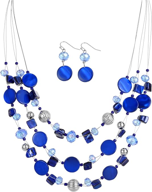 Multi-Strand Shell Beaded Statement Necklace and Earrings for Women Colorful Chunky Beads 3 Layered Choker Costume Collar Jewelry Sets for Gifts