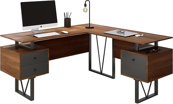 Techni Mobili Reversible L-Shaped Computer Desk with File Cabinet, Brown