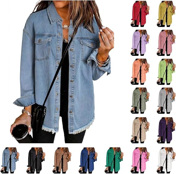 Oversized Denim Jacket for Women,Long Sleeve Button Down Frayed Hem Washed Distressed Boyfriend Jean Shacket Jackets