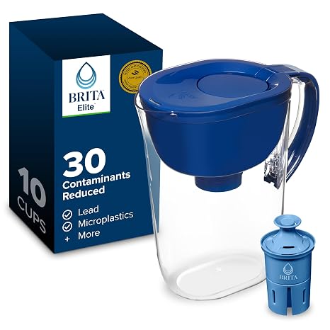 Brita Large 10 Cup Water Pitcher Dispenser, Includes 1 Elite Filter, Blue | WQA and NSF/ANSI Certified, Reduces 99% Lead & Microplastics, Removes 30+ Contaminants, BPA-Free, Eliminates Chlorine Taste