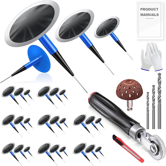 Tire Repair Patch Tool Kit Includes 24PCS Tire Patch Plugs(1.42"&1.81"&2.36"),Tire Patch Roller,Tungsten Buffing Wheel and Twist Drill Bits,Tire Patch Kit for Vehicles