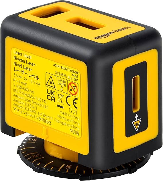 Amazon Basics 360 Degree Rotating Laser Class II Level for Picture Hanging and Home Renovation, 2 Extra-Large Backlit Bubble Vials, 16 ft / 192 in, Yellow/Black