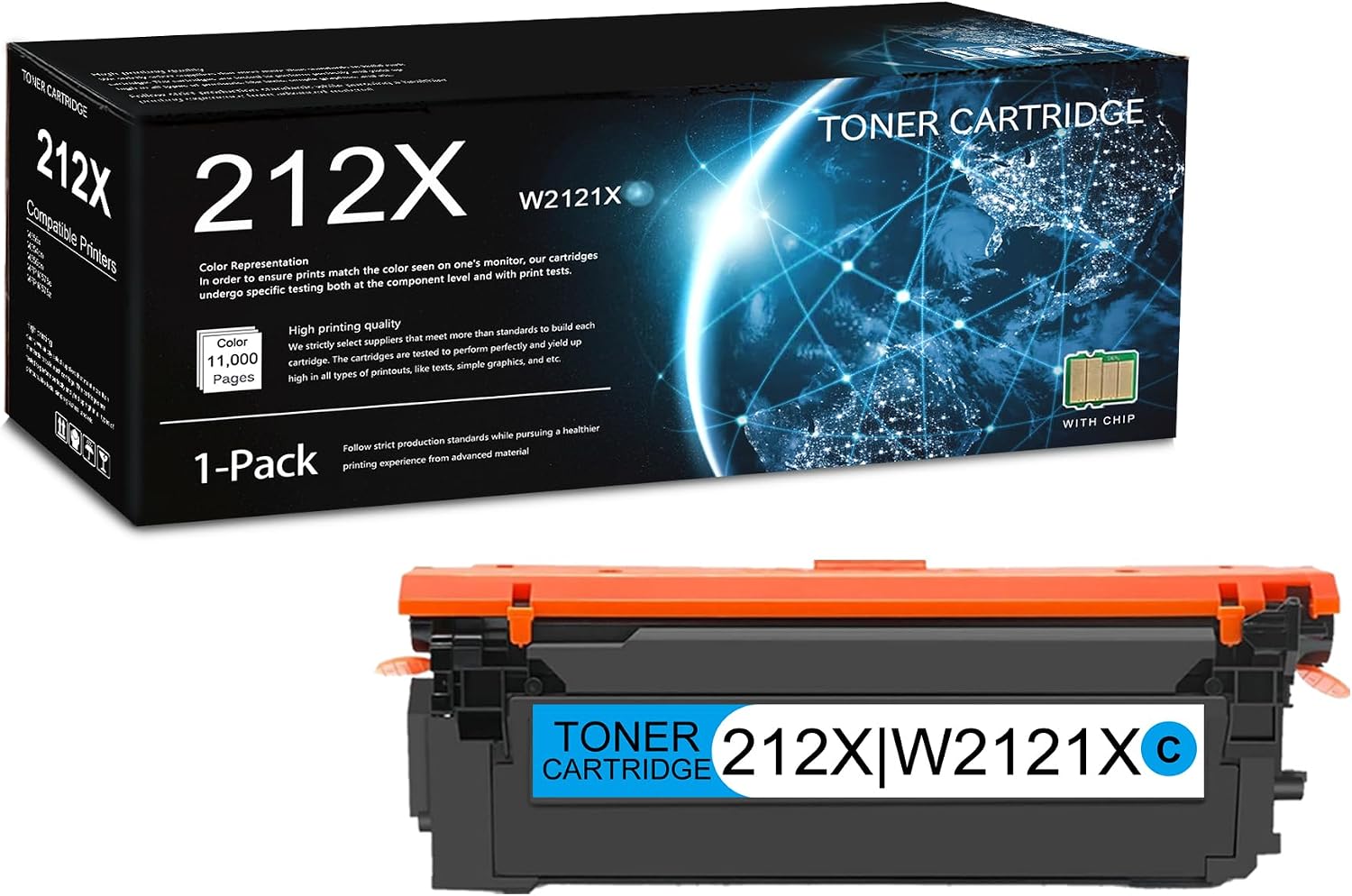1 Pack 212X Cyan Toner Cartridge with Chip | Replacement for HP 212X Work with M555x M554dn M555dn MFP M578c MFP M578z | W2121X