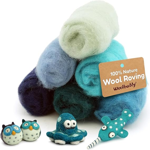 Woolbuddy Corriedale Wool Roving Kit for Needle Felting (Blue) 20g Each