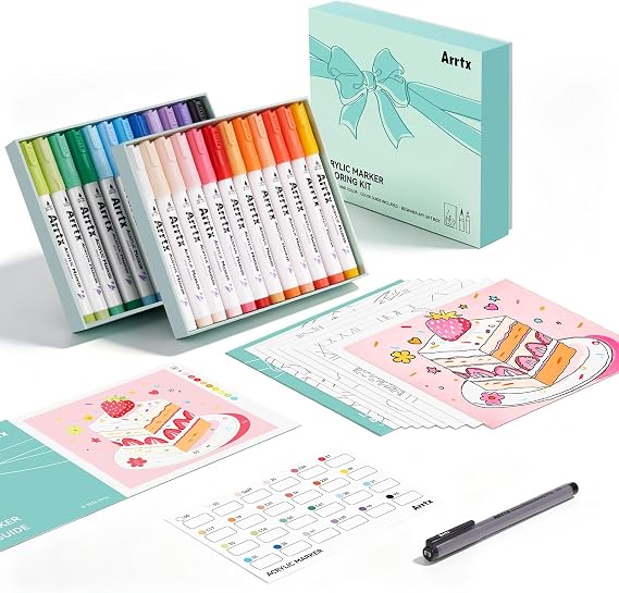 Arrtx 24 Colors Acrylic Paint Pens with Brush Tip & 0.3mm Outlining Pen, Anime Color Palette, 8 Line Art Sheets & Coloring Reference, Art Kit for Hand Lettering, Illustration, Beginners & Adults