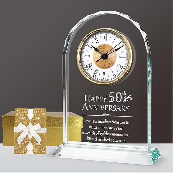 50th Wedding Anniversary Clock, Quartz Keepsake, Golden