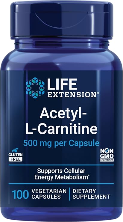 Life Extension Acetyl-L-Carnitine, Acetyl-L-Carnitine, Vitamin C, Brain, Mood & Nerve Health, Cellular Energy, Gluten-Free, Non-GMO, Vegetarian, 100 Capsules
