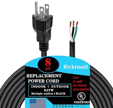 14 AWG Replacement Cord,8Ft Cable 110V 115V 120V 300V for Appliance, NEMA 5-15P Plug US SJT 14AWG, Heavy Duty Power Cord Replacement